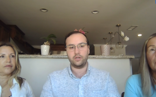Anat Braslavski Ben-Menahem, left, Roye Ben-Menahem and Yael Braslavski, the aunt, cousin and grandmother of hostage Rom Braslavski on June 27, 2025 (Courtesy screengrab)